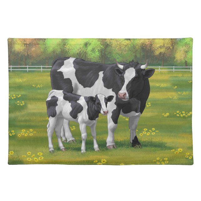 Holstein Cow & Cute Calf in Summer Pasture Cloth Placemat (Front)