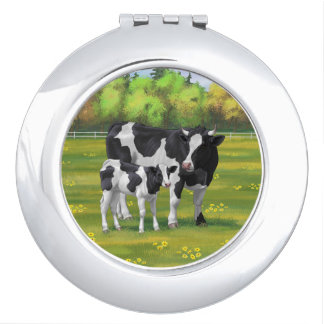 Holstein Cow & Cute Calf in Summer Pasture Compact Mirror