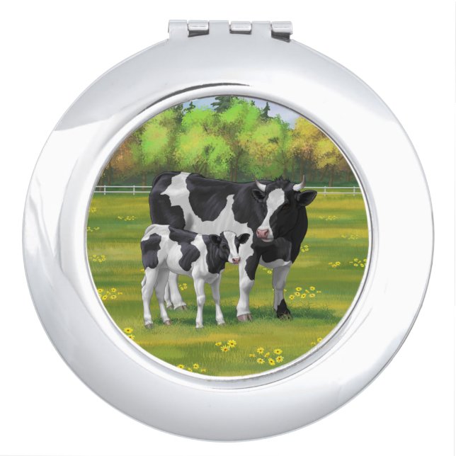 Holstein Cow & Cute Calf in Summer Pasture Compact Mirror (Front)