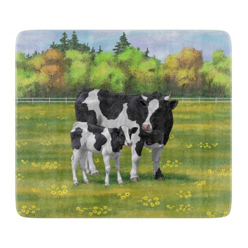 Holstein Cow  Cute Calf in Summer Pasture Cutting Board