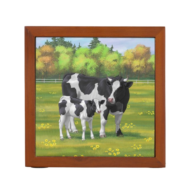 Holstein Cow & Cute Calf in Summer Pasture Desk Organizer (Front)