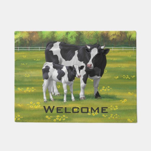 Holstein Cow  Cute Calf in Summer Pasture Doormat