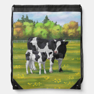 Holstein Cow & Cute Calf in Summer Pasture Drawstring Bag