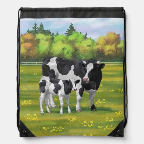 Holstein Cow  Cute Calf in Summer Pasture Drawstring Bag