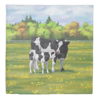 Holstein Cow & Cute Calf in Summer Pasture Duvet Cover