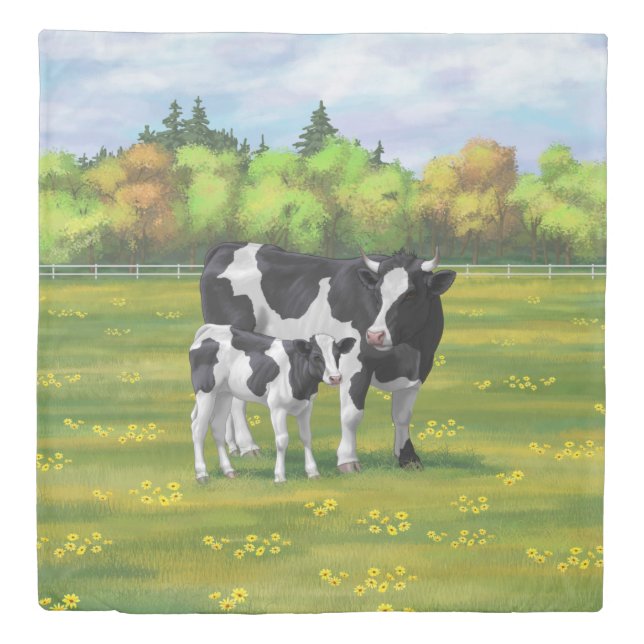 Holstein Cow & Cute Calf in Summer Pasture Duvet Cover (Front)