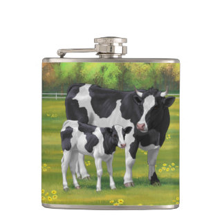 Holstein Cow & Cute Calf in Summer Pasture Flask