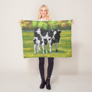 Holstein Cow & Cute Calf in Summer Pasture Fleece Blanket