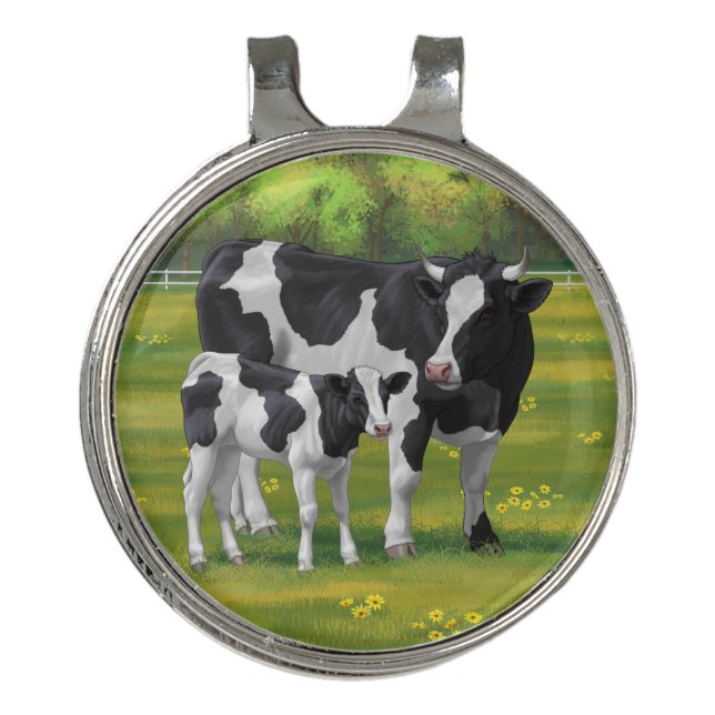 Holstein Cow & Cute Calf in Summer Pasture Golf Hat Clip (Front)