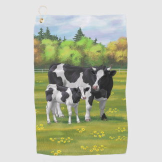 Holstein Cow & Cute Calf in Summer Pasture Golf Towel