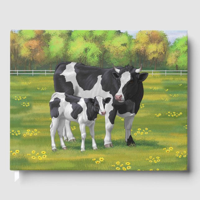 Holstein Cow & Cute Calf in Summer Pasture Guest Book (Front)