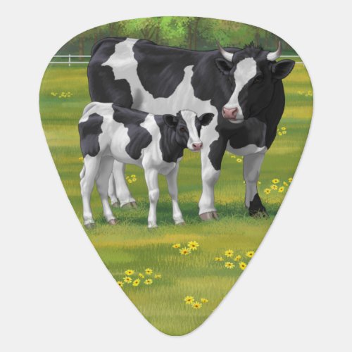 Holstein Cow  Cute Calf in Summer Pasture Guitar Pick