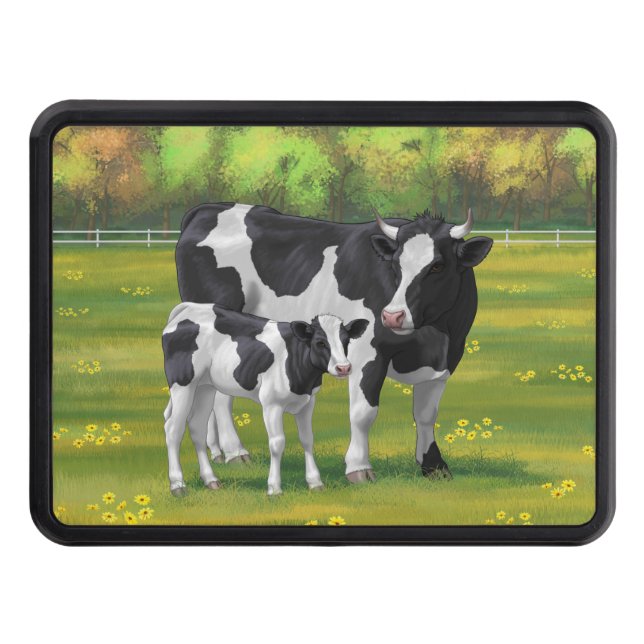 Holstein Cow & Cute Calf in Summer Pasture Hitch Cover (Front)