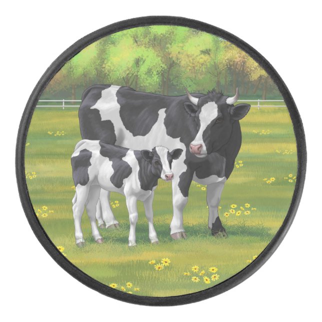 Holstein Cow & Cute Calf in Summer Pasture Hockey Puck (Front)