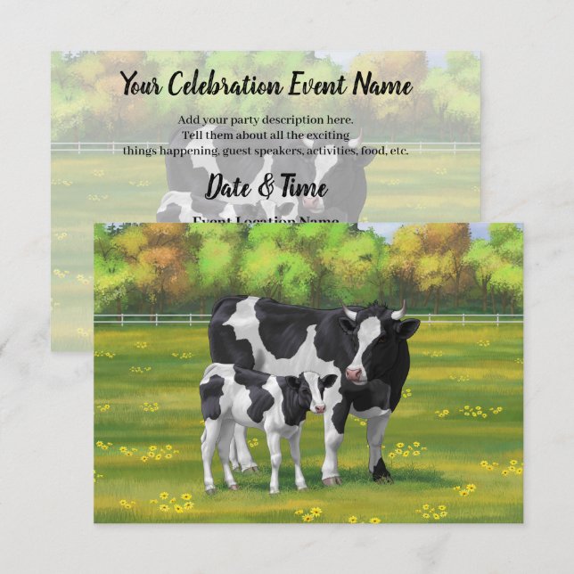 Holstein Cow & Cute Calf in Summer Pasture Invitation (Front/Back)