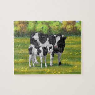 Holstein Cow & Cute Calf in Summer Pasture Jigsaw Puzzle