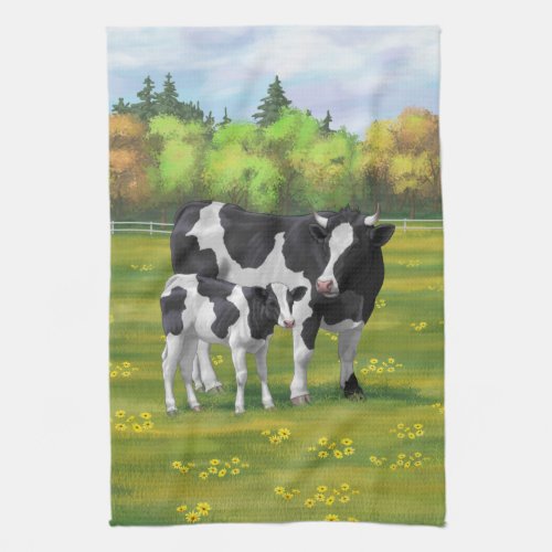 Holstein Cow  Cute Calf in Summer Pasture Kitchen Towel