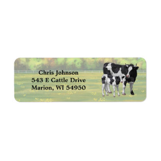 Holstein Cow & Cute Calf in Summer Pasture Label