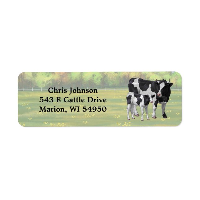 Holstein Cow & Cute Calf in Summer Pasture Label (Front)