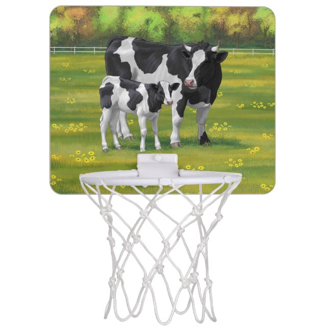 Holstein Cow & Cute Calf in Summer Pasture Mini Basketball Hoop (Front)