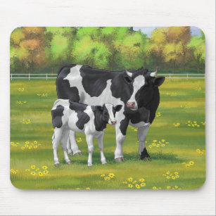 Holstein Cow & Cute Calf in Summer Pasture Mouse Pad