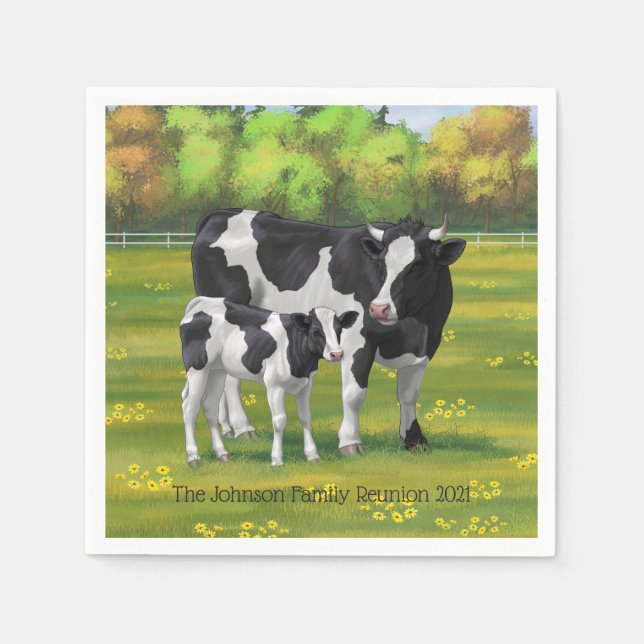 Holstein Cow & Cute Calf in Summer Pasture Napkins (Front)