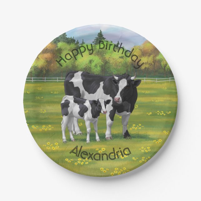 Holstein Cow & Cute Calf in Summer Pasture Paper Plates (Front)