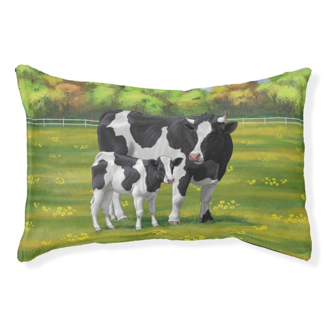 Holstein Cow & Cute Calf in Summer Pasture Pet Bed (Front)
