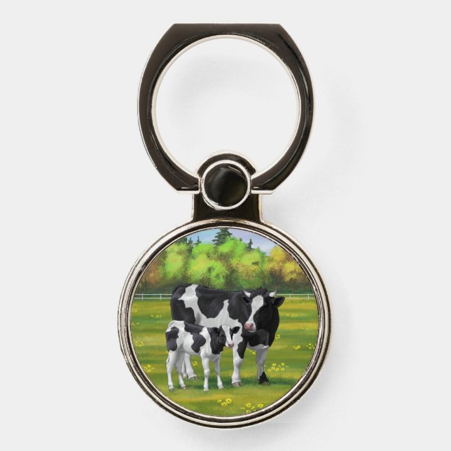Holstein Cow & Cute Calf in Summer Pasture Phone Ring Stand (Front)