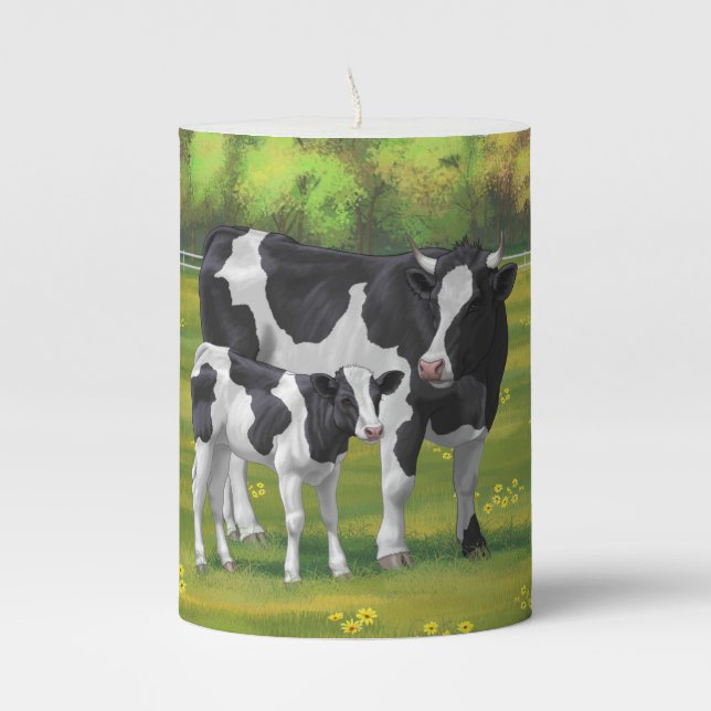 Holstein Cow & Cute Calf in Summer Pasture Pillar Candle (Front)