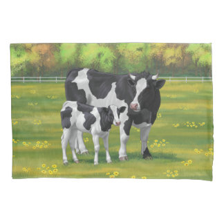 Holstein Cow & Cute Calf in Summer Pasture Pillow Case