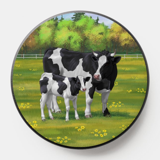 Holstein Cow & Cute Calf in Summer Pasture PopSocket (Popsocket)