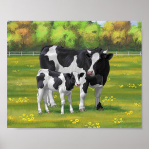 Holstein Cow & Cute Calf in Summer Pasture Poster