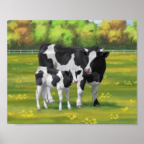 Holstein Cow  Cute Calf in Summer Pasture Poster