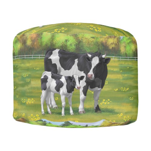 Holstein Cow  Cute Calf in Summer Pasture Pouf