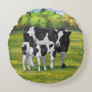 Holstein Cow & Cute Calf in Summer Pasture Round Pillow