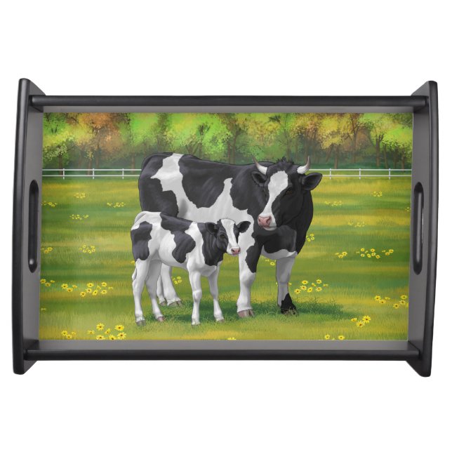 Holstein Cow & Cute Calf in Summer Pasture Serving Tray (Front)