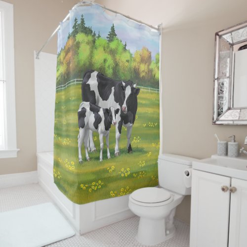 Holstein Cow  Cute Calf in Summer Pasture Shower Curtain