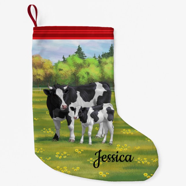 Holstein Cow & Cute Calf in Summer Pasture Small Christmas Stocking (Front)