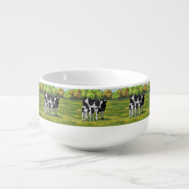 Holstein Cow & Cute Calf in Summer Pasture Soup Mug (Front)