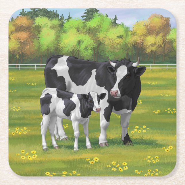 Holstein Cow & Cute Calf in Summer Pasture Square Paper Coaster (Front)