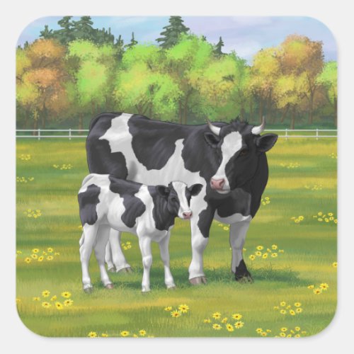 Holstein Cow  Cute Calf in Summer Pasture Square Sticker