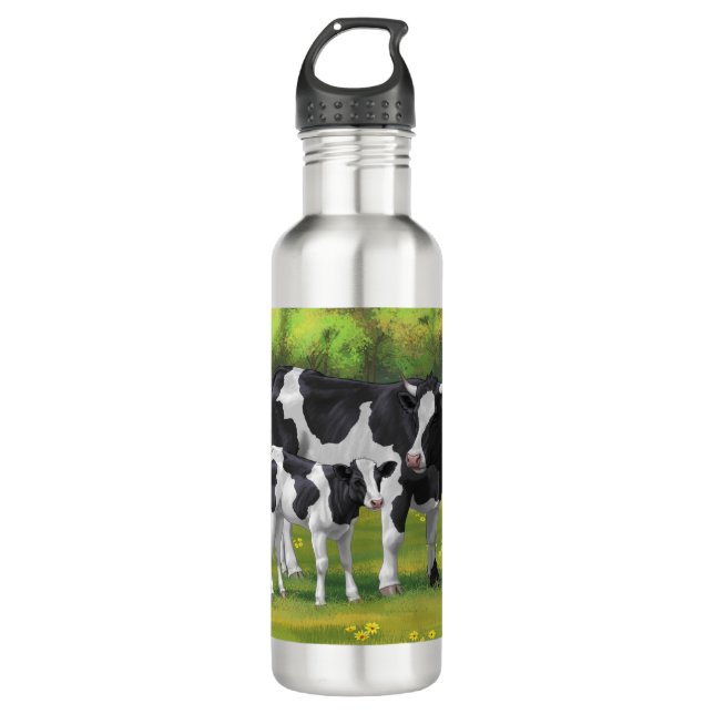 Holstein Cow & Cute Calf in Summer Pasture Stainless Steel Water Bottle (Front)
