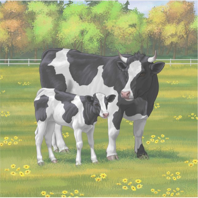 Holstein Cow & Cute Calf in Summer Pasture Sticker (Front)