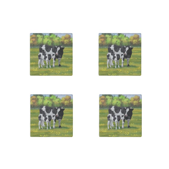 Holstein Cow & Cute Calf in Summer Pasture Stone Magnet (Front)