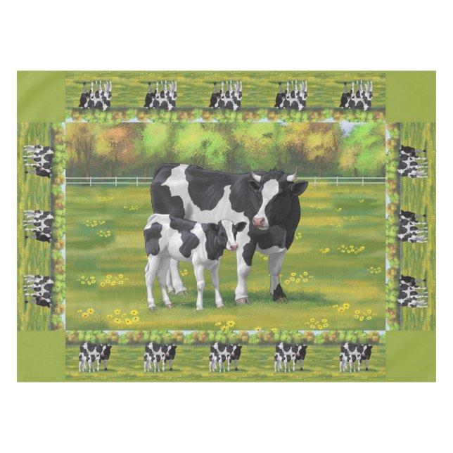 Holstein Cow & Cute Calf in Summer Pasture Tablecloth (Front (Horizontal))