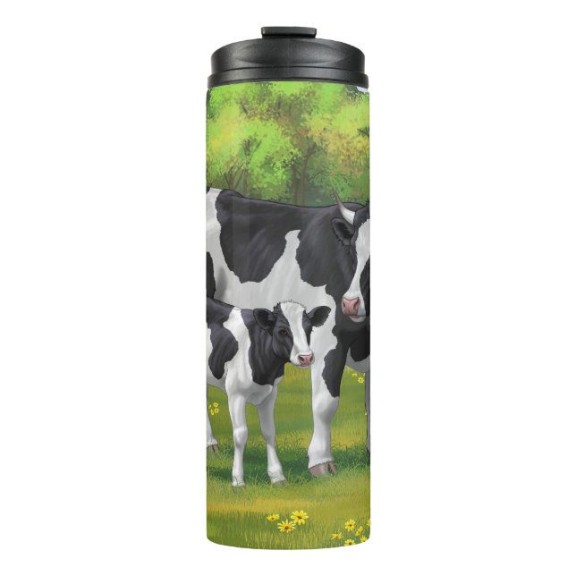 Holstein Cow & Cute Calf in Summer Pasture Thermal Tumbler (Front)