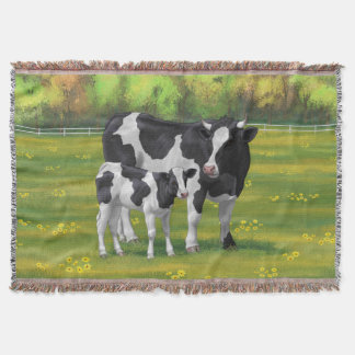 Holstein Cow & Cute Calf in Summer Pasture Throw Blanket