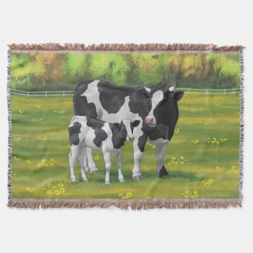 Holstein Cow  Cute Calf in Summer Pasture Throw Blanket