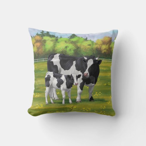 Holstein Cow  Cute Calf in Summer Pasture Throw Pillow